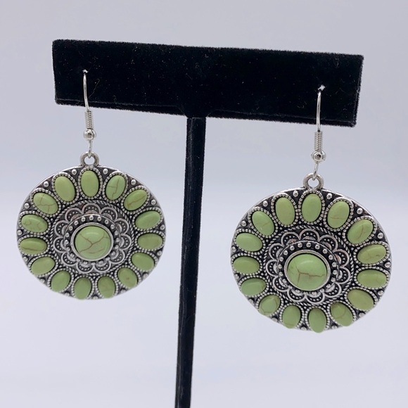 Jewelry - Circle Dangle Earrings + Lt. Green Stones